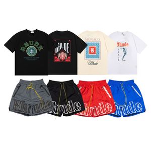 メンズrhude Tシャツデザイナーティーグラフィックソリッドカラープリンティングレジャーバケーションテスカジュアルファッション短袖高品質女性ラウンドネックTシャツサイズS-XL