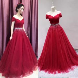 Gorgeous Dark Red Ball Gown Real Pictures Prom Dresses Off Shoulder Lace-up Back Long Evening Dress Pleats Tulle Sweep Train Beads Sequined Peplum