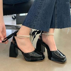 Sandals Square Toe Platform Thick High Heels Women's Patent Leather Pearl Beaded Silk Bow Solid Color Gladiator Shoes ZOOKERLIN