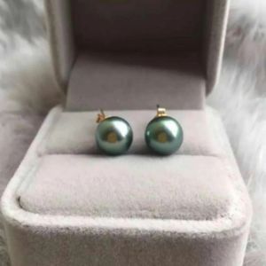 12mm Natural Black Green Tahitian Round Pearl 14k Guldörhängen Thanksgiving Aquaculture Wedding Present Halloween 240220