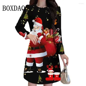 Casual Dresses Cartoon Cute Print Women Dress Long Sleeve Santa Claus Pattern Christmas Autumn Winter Party Mini Plus Size