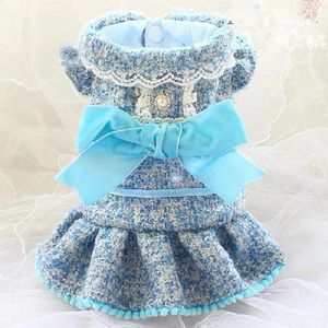 Cão vestuário artesanal luxo vestido de inverno casaco roupas para animais de estimação paris céu azul espessado fio de ouro tweed veludo arco feriado festa yorkie