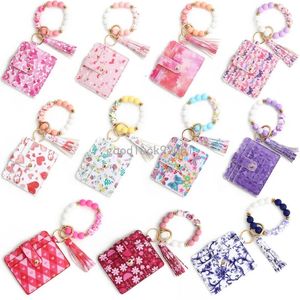 Silicone Bead Keychains PU Leather Card Bag Heart Wrist Beaded Keychain Wallet Bangle Keyrings for Women Valentine's Day Gift