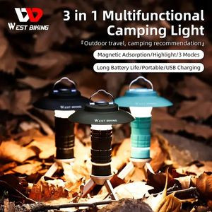 West biking portátil luz de acampamento 3 em 1 multifuncional ao ar livre lanterna led carregamento usb lâmpada emergência pendurado tenda 240220