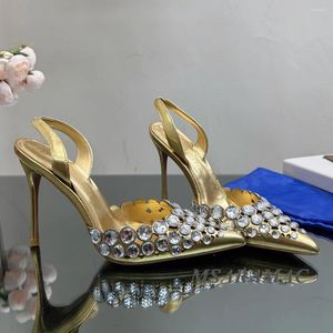 Sapatos de vestido sexy ouro apontado toe cristal incrustado salto alto casamento verão mulheres sandálias de cinta traseira