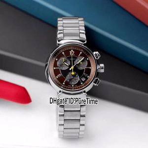 Nytt Q11215 Steel Case 34mm Brown Dial Black Subdial Japan Quartz Chronograph Womens Watch rostfritt stålarmbandsklockor Puretim260n