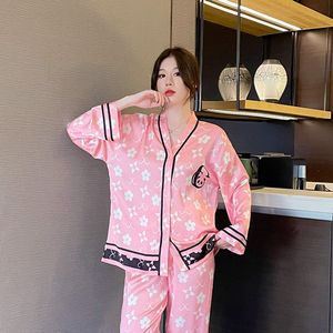 Spring New Pajamas Women's Ice Silk Letter Full Print Home Fury Set Soft and Comfortable