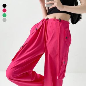 Kvinnors byxor solid färg casual jogger hög midja last stora fickor elastiska sporter