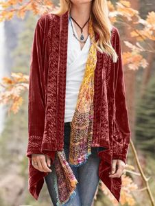 Kadın ceketleri bohem kadınlar hırsız kadife sonbahar düz renk vintage açık ön uzun kolu düzensiz üstler tatil gömlek