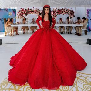 Röda 3D -blommor applikationer spetsboll klänning quinceanera klänningar från axeln långärmad korsett söt 16 vestidos de xv anos