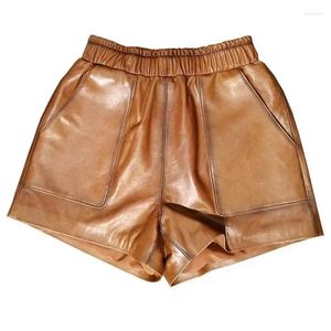 Kvinnors shorts läder kvinnor vinter harajuku elastisk midja 2024 veckade ficka breda ben byxor mujer chic pantalones cortos