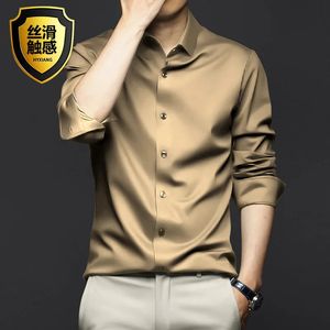 6XL Large Business Dress Social Solid Silk Smooth Long Sleeve Mens Shirt Non iron Luxury Spring and Autumn Break High Quality 240219