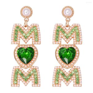 Dangle Earrings 2024 Design Green Shiny Heart-shaped Rhinestone Fashion Pearls Letters MOM Statement Jewelry Mother's Day Gifts