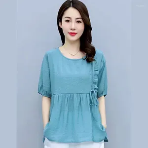 Women's T Shirts Elegant Solid Color Ruffle Blouse Women Summer Short Sleeves Round Collar Pullover Tops Office Lady Casual Plain M170