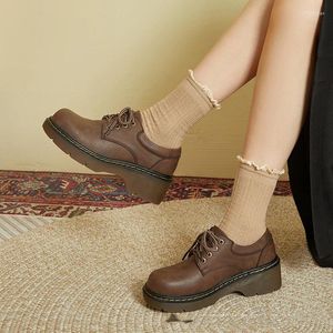 Dress Shoes Japanese Genuine Leather Ugly Cute Big Head British Style Lace Up Wedge Heels Thick Sole Small For Women