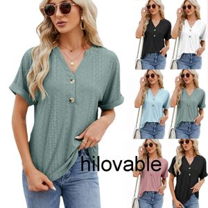 No logo fashions hilovable Spring/Summer New Womens V-neck Curled Short Sleeve Button Loose Casual T-shirt