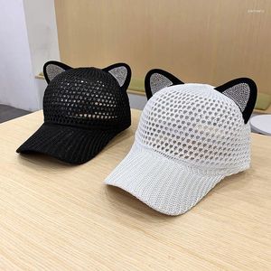 Bollmössor 2024 Kvinnor vår sommarsol hatt söta kattöron styling rhinestone baseball cap fast färg andningsbar skugga mesh ben