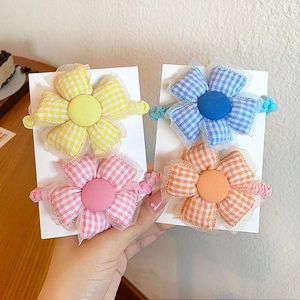 Hair Accessories Spring Summer Lace Cloth Color Plaid Big Flower Elastic Band For Girl Children Cute Kawaii Princess Rubber Ponytail Ties