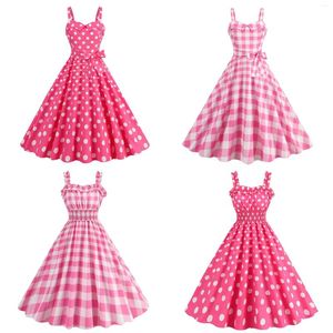 Casual Dresses Women Cute Pink Strap Elastic Waist Party Polka Dot Plaid Print Birthday Dress For