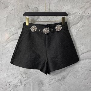 Frauen Shorts 2024 Frühling Mode Hohe Qualität Baumwolle Damen Kristall Perlen Deco Casual Schwarz Frauen Vintage Kurze Hosen