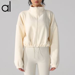 Al Yoga Micro Giacca Felpe corte Maglione in peluche da donna Collo a lupetto Allentato Cerniera completa Jogging Ispessito Caldo Pile Oli Casual Manica lunga Abbigliamento sportivo corto