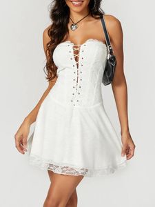 Vestidos casuais wsevypo fora do ombro laço floral branco tubo top vestido para mulheres senhoras verão sem alças sem alças cruz tie-up espartilho mini