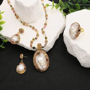 GLSEEVO Natural Baroque Shaped Pearl Women Jewelry Necklace Bracelet Earring Ring Set Rhinestone Inlaid Luxury Party Dress Acces 240220