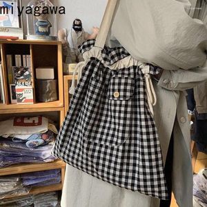 Evening Bags Miyagawa Japanese Versatile Plaid Drawstring Fabric Bag Canvas Strap Shoulder Handbag Student Book Girls Style