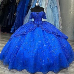 Royal Blue Shiny Sequined Appliques spets Crystal Ball Gown Quinceanera Dress Off the Shoulder Ruffles Corset Vestidos de XV Anos