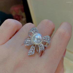 Küme halkaları retro antika inci kristal yay parmak yüzüğü gerçek 925 Sterling Gümüş Kadınlar İçin Açık Açık