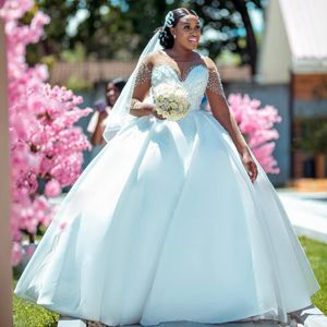 2024 Africano Nigéria Vestidos de Noiva Vestidos de Noiva Sheer Neck Mangas Compridas Ilusão Vestido de Noiva de Cetim para Noiva Plus Size Vestido de Baile Rainha Princesa Casamento NW112