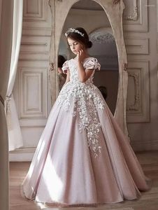 Abiti da ragazza Abito a fiori Rosa soffice a strati in tulle bianco a pois lunghi a maniche corte Matrimonio carino Comunione per bambini