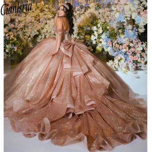 Champagne Glitter Crystal Ball Gown Quinceanera Dresses Off The Shoulder Bow Ruffles Sweet 15 Vestidos De XV Anos