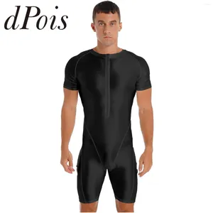 Men's Swimwear Mens Glossy Short Sleeve Zipper Jumpsuit Bodysuit For Sport Running Yoga Gymnastics Unitard Leotard Hommes Swimsuits