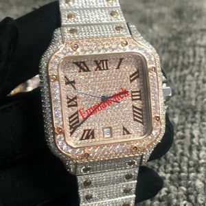 Rose Gold Mixed Silver Cubic Zirconia Diamonds Watch Roman Siffror Luxury Missfox Square Mechanical Men Full Iced Out Watches Cub310f