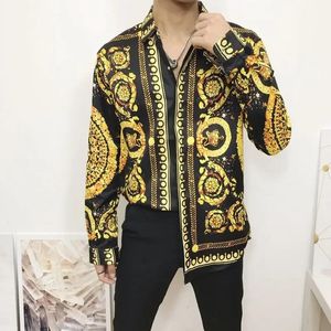 Moda masculina vestido camisas hipster manga longa fantasia design de luxo barroco floral impressão festa de casamento camisas de baile 240220