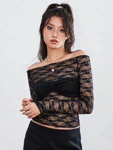 Women's T Shirts Women Floral Lace Sheer Crop Tops Off-Shoulder Long Sleeve Shirt Casual Pullovers For Club Streetwear