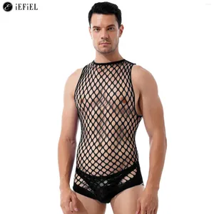 Men's Swimwear Mens Hollow Out Fishnet Leotard Bodysuit One Piece See Through Mesh Tights Pantyhose Lingerie Bodystockings Nightwear