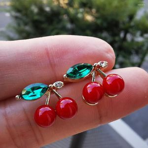 Stud Earrings Red Cherry Ear Glitter Rhinestone Cute Fruit Dangler For Women Girls Ladies Fashion Chic Jewelry