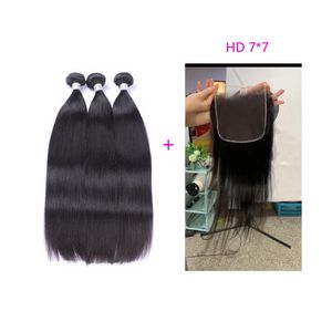Peruvian Malaysian Indian Brazilian 100% Human Hair Wefts With HD 7X7 Lace Closure 4 Pcs/lot Free Part Straight Natural Color 16-30inch