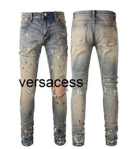 Jeans de pilha European Purple Jean Men bordando acolchoado rasgado para a marca de tendências vintage calça calça calça de moda magra e magra Sstraight calças