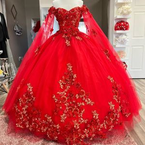 Red Sweetheart Shiny Quinceanera Dresses Ball Gown Applique Lace Crystal Tull Vestidos De 15 Anos Flowers Evening Party Dress