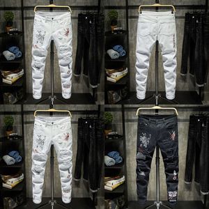 Jeans masculinos moda na moda bordado letras homens faculdade meninos magro pista zíper calças jeans destruído rasgado preto branco 958