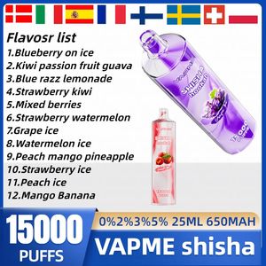 VAPME SHISHA Hookah puff 15000 Disposable Vape Mesh Coil 650mAh Type-C 25ml Prefilled Pod 12 Flavors vape pen puff 15k E Cigarette vs BANG KING 15K 12k