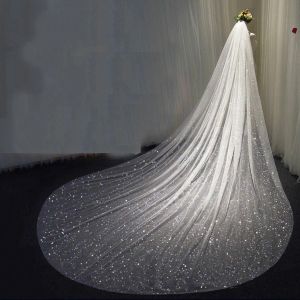 Sparkly Glitters Bling Bling Bridal Wedding Veils 1 Tier Long Bridal Veils Cathedral Length Handmade Soft Tulle Sequins Bride Veil