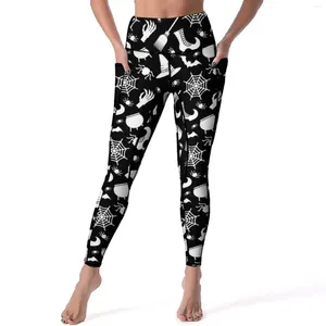 Damen-Leggings, gruselige Halloween-Yogahose, Taschen, Hexerei-Druck, sexy hohe Taille, Vintage-Sportstrumpfhose, elastische Gym-Leggings