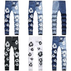 Men's Jeans Men Flower Print Fashion Contrast Color Spliced Stretch Denim Pants Painted Slim Straight Trousers Blue Black White 624