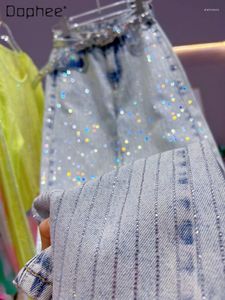Dżinsy damskie modne pasiaste rhinestone luźne dla kobiet 2024 wiosna i letnia wysoka talia