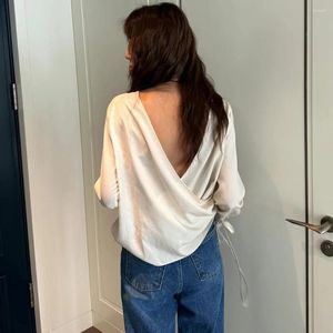 Kvinnors blusar Autumn Elegant Backless Blus Nacing Up Full Sleeve Shirts Solid Color Sexy Tops 2024