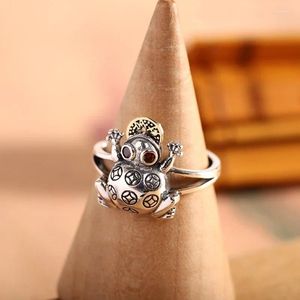 Cluster-Ringe Vintage Einzigartiges Design Goldkröte für Frauen 925 Silber Kupfer Münzring Ethnischer Stil Roter Kristallschmuck Verstellbare Öffnung